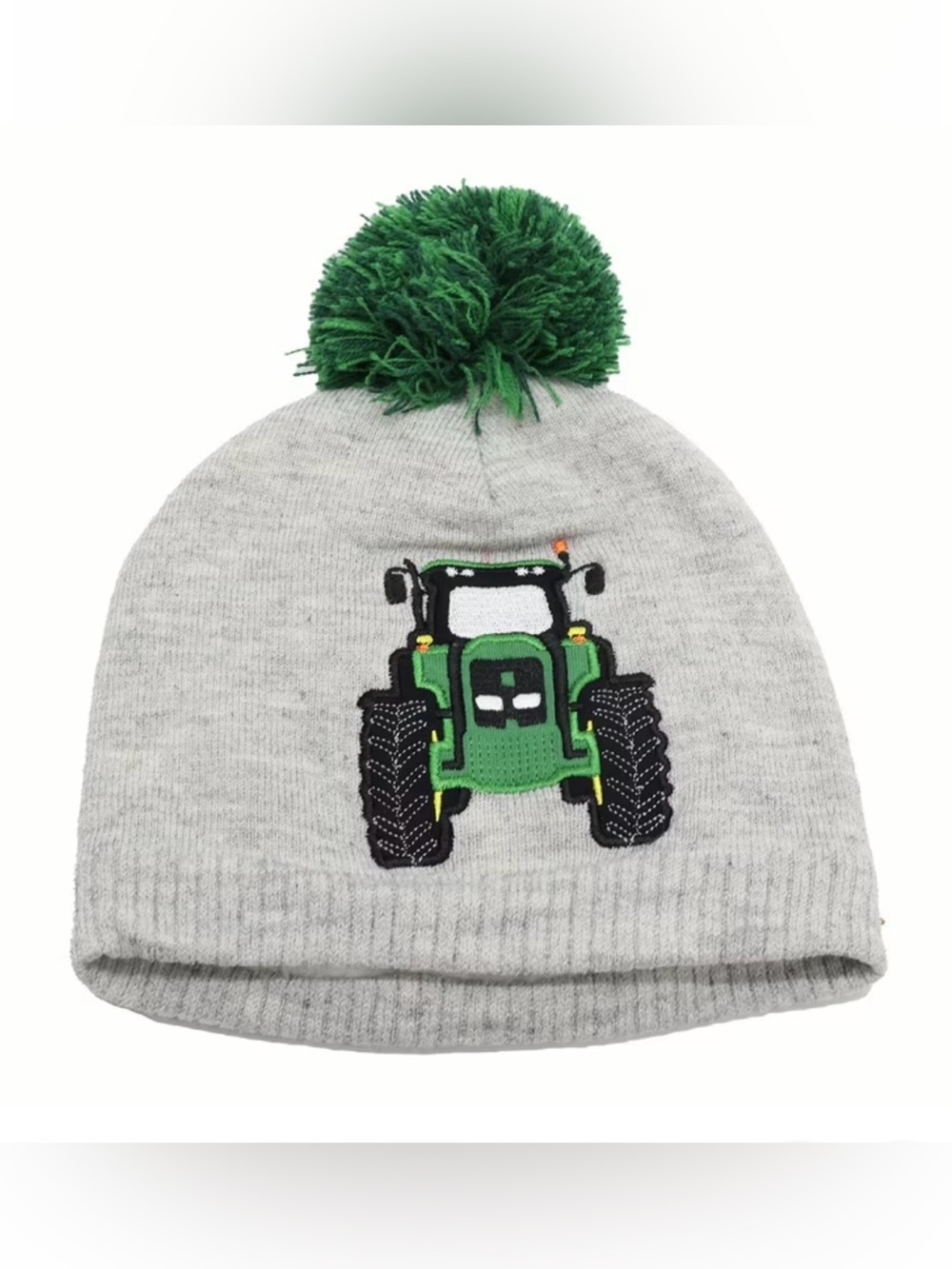 Toddler John Deere Grey Knit Beanie with Green Tractor and Green Pom
